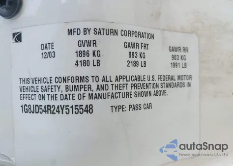 2004 Saturn L300 2 z USA, uszkodzony, nr VIN 1G8JD54R24Y515548